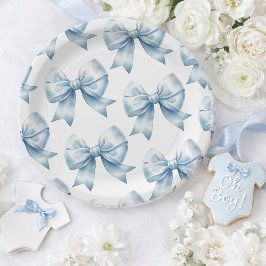 Blue Bow Baby Boy Elegant Baby Shower Pappteller