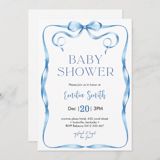 Blue Bow Baby Dusche Einladung (Vorne/Hinten)