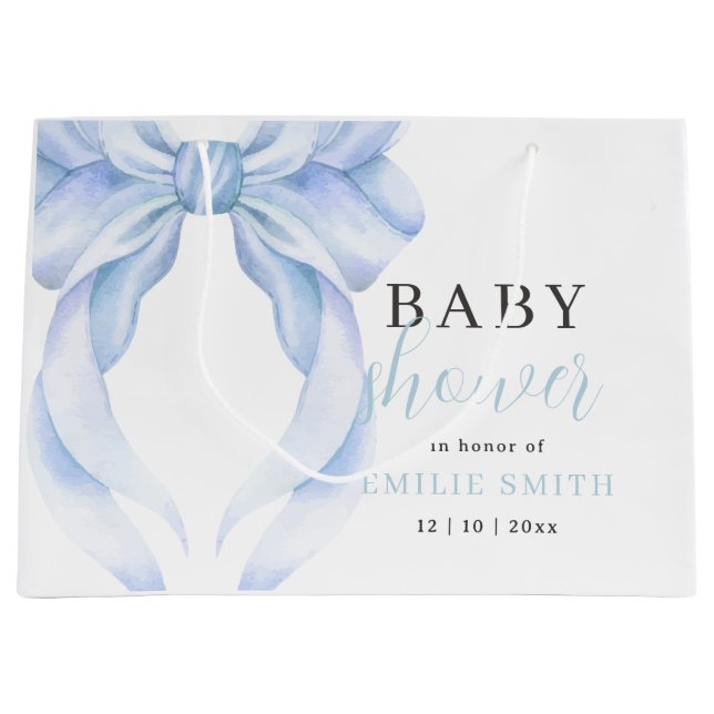 Blue Bow Baby Dusche Einladung, blaue Coquette Große Geschenktüte (Vorderseite)