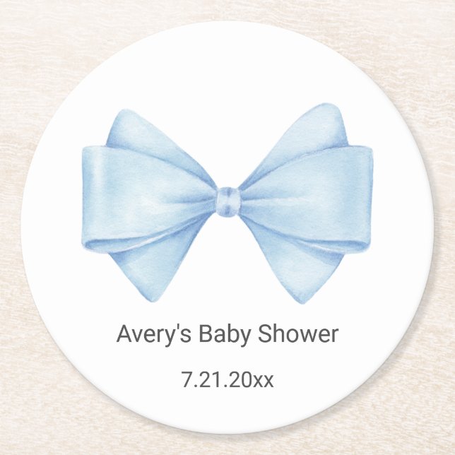 Blue Bow Baby Dusche Runder Pappuntersetzer (Vorderseite)