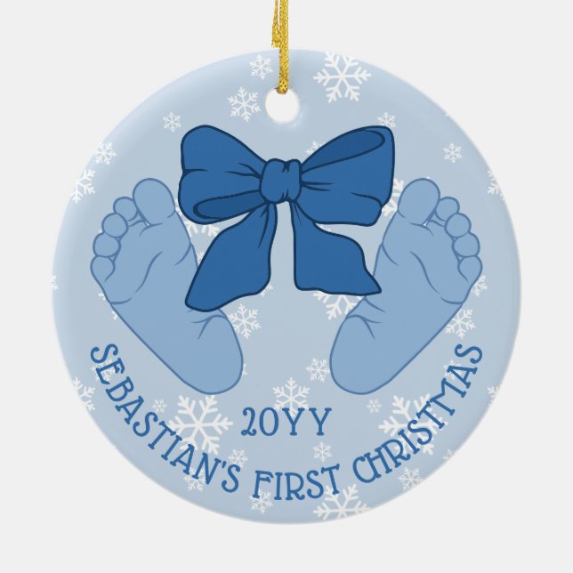 Blue Bow Baby Feet Photo Son's First Christmas Keramik Ornament (Hinten)