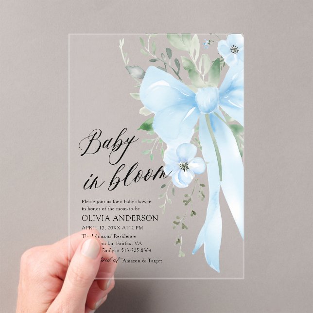 Blue Bow Baby in Bloom Floral Baby Boy Babydusche Acryleinladungen (Insitu (Handheld))