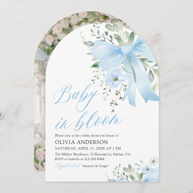 Blue Bow Baby in Bloom Floral Boy Arch Baby Dusche Einladung (Vorne/Hinten)