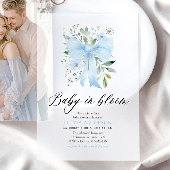 Blue Bow Baby in Bloom Floral Boy Baby Dusche (Watercolor Blue Floral Boy Bow Baby in Bloom Baby Shower Vellum Invitation)