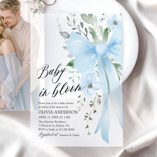 Blue Bow Baby in Bloom Floral Boy Baby Dusche (Watercolor Blue Bow Floral Baby in Bloom Boy Baby Shower Vellum Invitations)