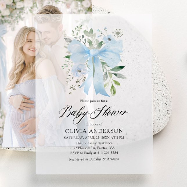 Blue Bow Baby in Bloom Floral Boy Baby Dusche (Watercolor Blue Bow Floral Baby in Bloom Boy Baby Shower Vellum Invitations)