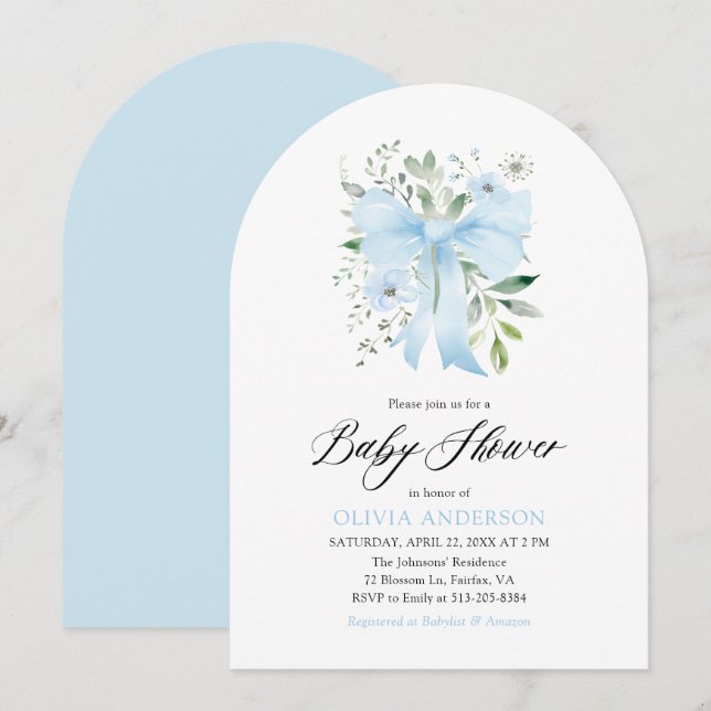 Blue Bow Baby in Bloom Floral Boy Baby Dusche Einladung (Vorne/Hinten)