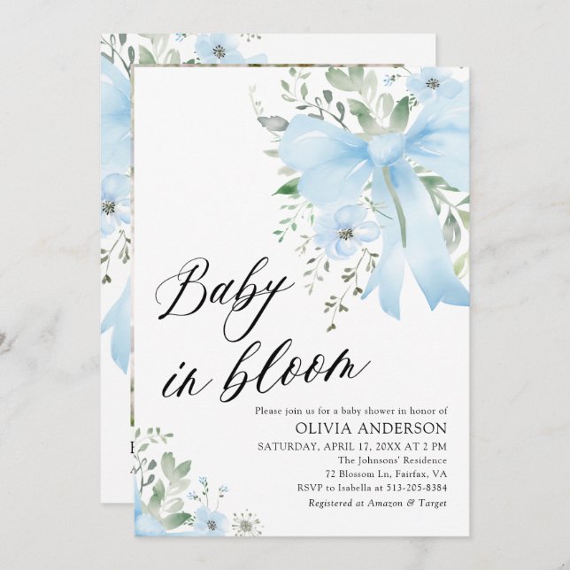 Blue Bow Baby in Bloom Floral Boy Baby Dusche Einladung (Vorne/Hinten)