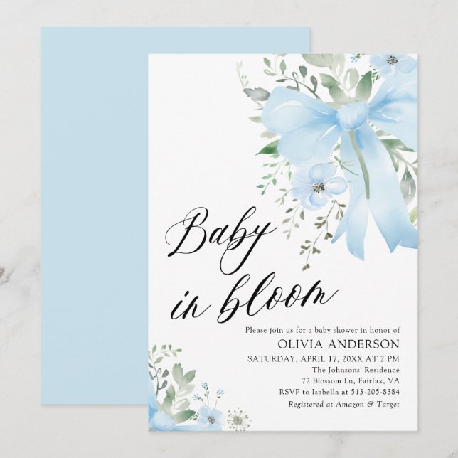 Blue Bow Baby in Bloom Floral Boy Baby Dusche Einladung (Vorne/Hinten)