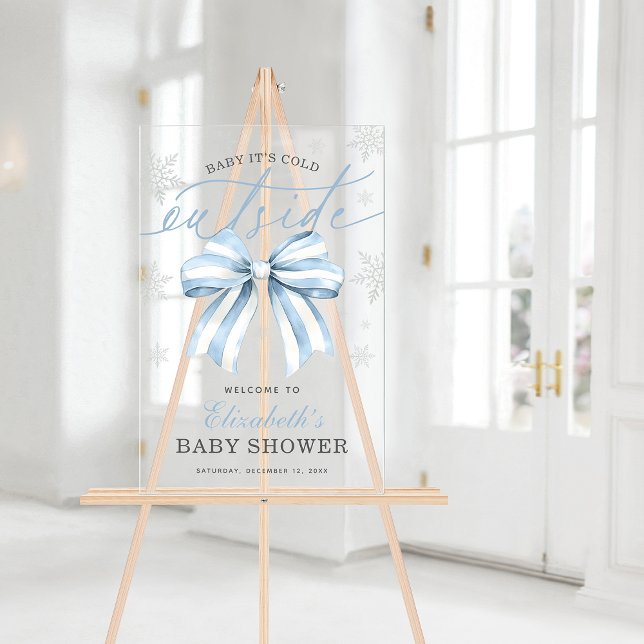Blue Bow Baby seine kalte Außendusche Begrüßung Acrylschild (Blue Bow Baby Its Cold Outside Baby Shower Welcome Acrylic Sign)