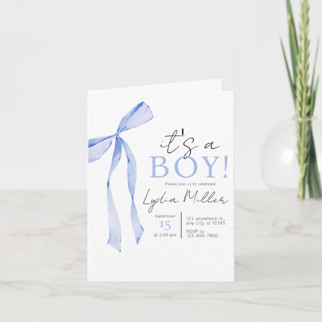 Blue Bow Baby Shower Einladung, Boy Baby Dusche Einladung (Vorderseite)