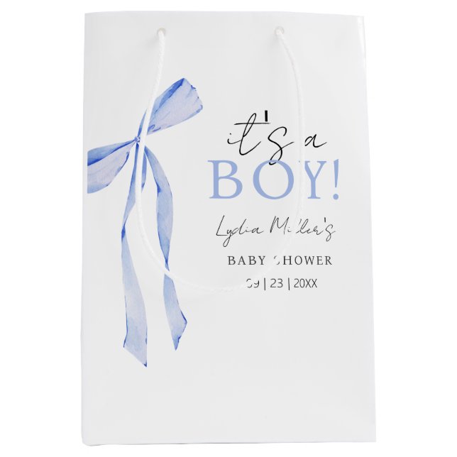 Blue Bow Baby Shower Einladung, Boy Baby Dusche Mittlere Geschenktüte (Vorderseite)