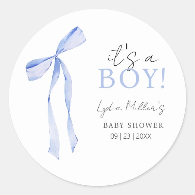 Blue Bow Baby Shower Einladung, Boy Baby Dusche Runder Aufkleber (Vorderseite)