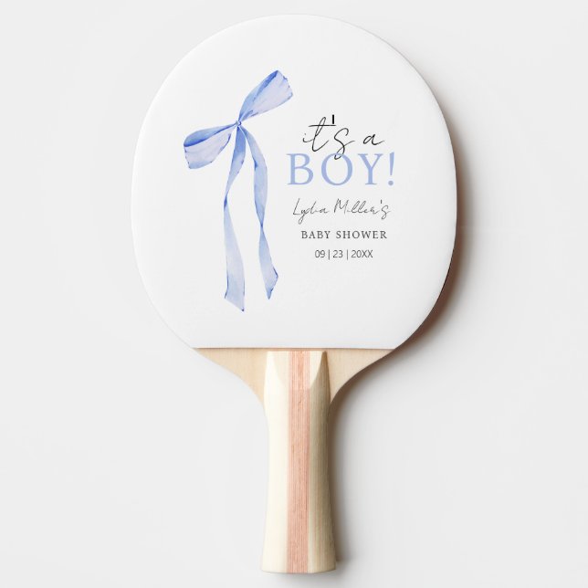 Blue Bow Baby Shower Einladung, Boy Baby Dusche Tischtennis Schläger (Vorderseite)