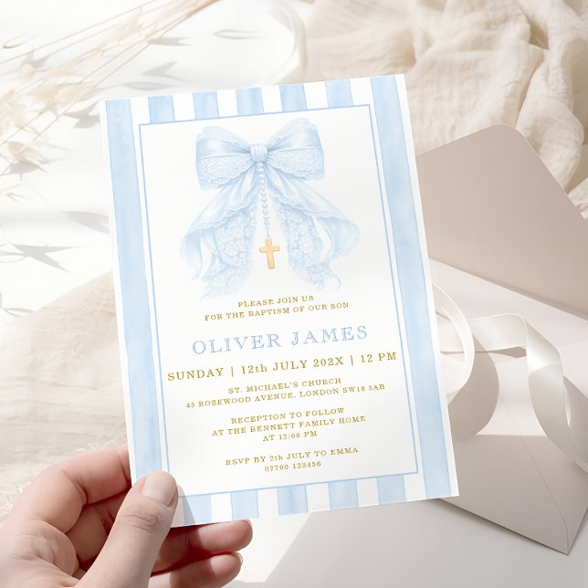 Blue Bow Baptism Invitation Einladung (Von Creator hochgeladen)