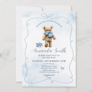 Blue Bow Bear Baby Shows Boy Baby Shower Einladung