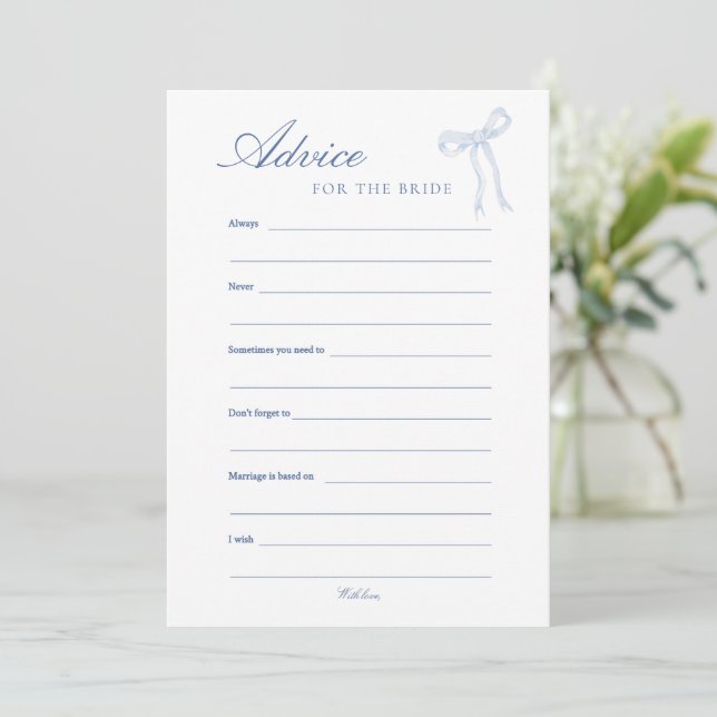 Blue Bow Beratung für die Bride Blue Advice Card Einladung (Stehend Vorderseite)