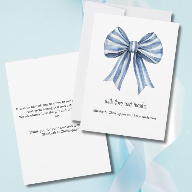 Blue Bow Boy Baby Dusche Danke Karte (Blue Bow Baby Shower Thank you card. Classic and Elegant. With Love and Thanks)