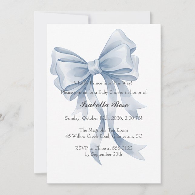 Blue Bow Boy Baby Shower Invitation Coquette Einladung (Vorderseite)