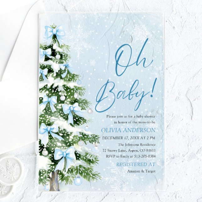 Blue Bow Boy Christmas Tree Oh Baby Shower Acryleinladungen (Blue Bow Boy Christmas Tree Oh Baby Baby Shower Acrylic Invitations)