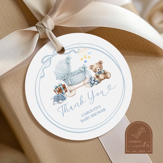 Blue Bow Carriage Baby Shower Thank You Sticker (Von Creator hochgeladen)