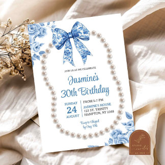 Blue Bow Chinoiserie Perlen Frauen Geburtstag Einladung
