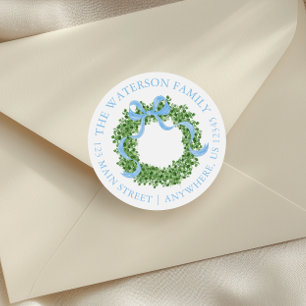 Blue Bow Christmas Boxwood-Anrede Runder Aufkleber