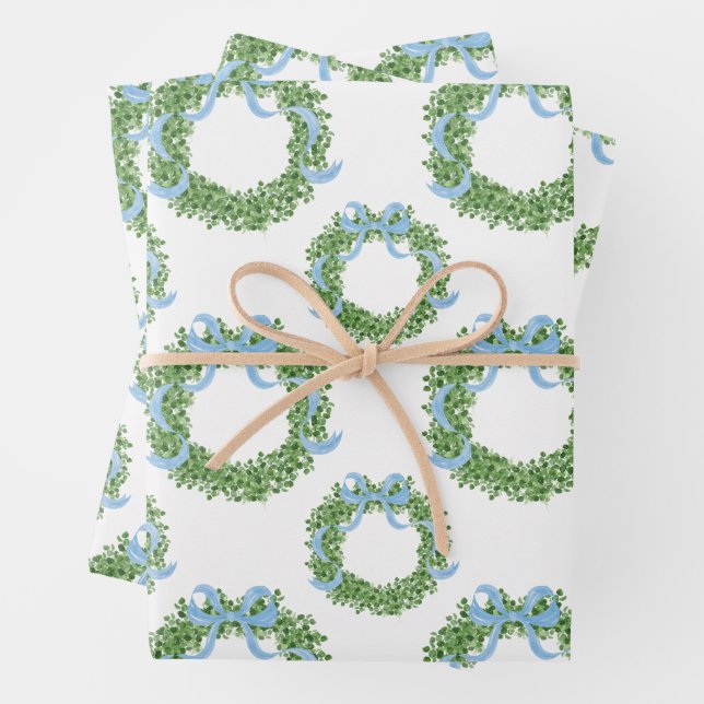 Blue Bow Christmas Boxwood Wreath Geschenkpapier Set (Beispiel)