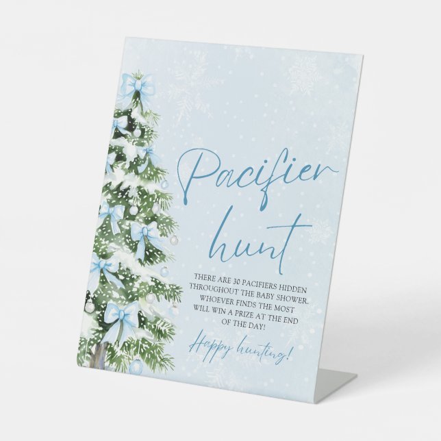 Blue Bow Christmas Tree Baby Shower Pacifier Hunt Sockelschild (Vorderseite)