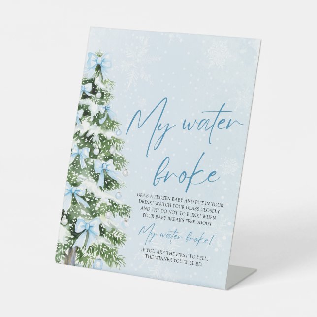 Blue Bow Christmas Tree My Water Broke Baby Shower Sockelschild (Vorderseite)