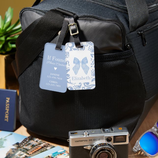 Blue Bow Coquette Aesthetic Kids School Tag Gepäckanhänger (Vorderseite & Rückseite)