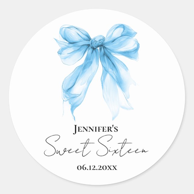 Blue Bow Coquette Script Sweet 16 Party  Runder Aufkleber (Vorderseite)