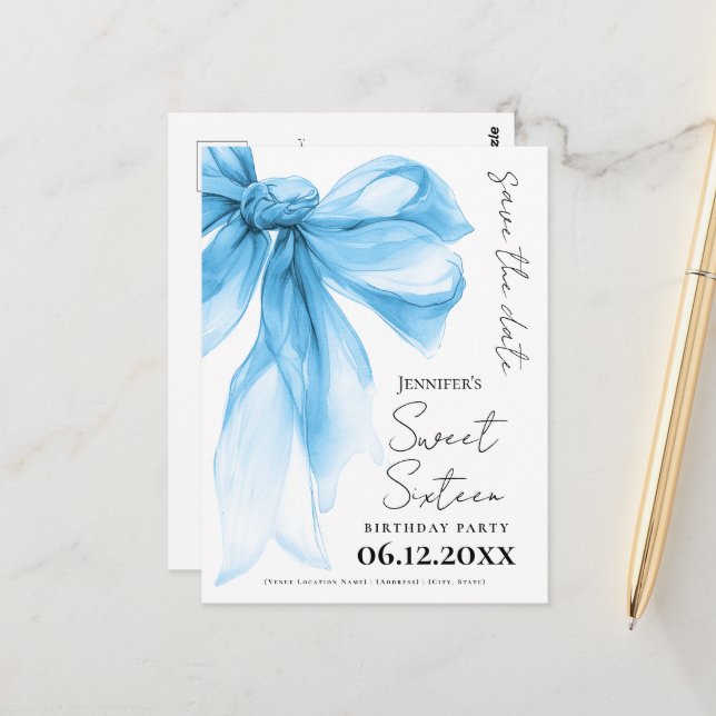 Blue Bow Coquette Sweet 16 Save the Date  Postkarte (Vorderseite/Rückseite Beispiel)