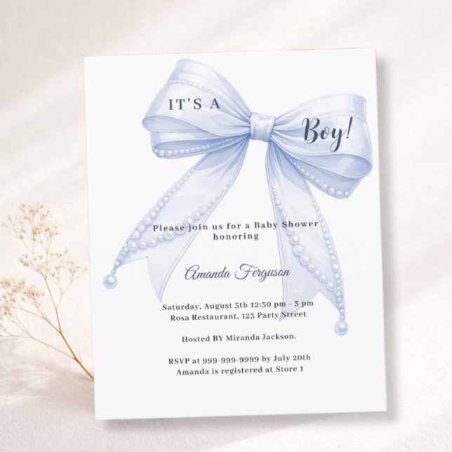 Blue bow elegant pearls boy Baby Shower invitation (Von Creator hochgeladen)