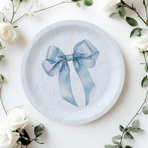 Blue Bow Elegante Kalligrafie Boy Baby Shower Pappteller