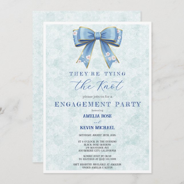 Blue Bow Engagement Invitation – Japanese Style Einladung (Vorne/Hinten)