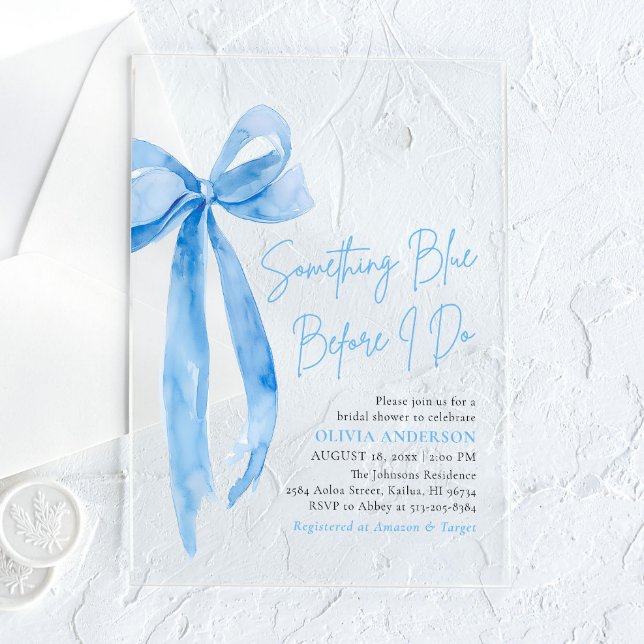 Blue Bow etwas Blau, bevor ich Brautparty mache Acryleinladungen (Moder Watercolor Blue Bow Something Blue Before I Do Bridal Shower Acrylic Invitation)