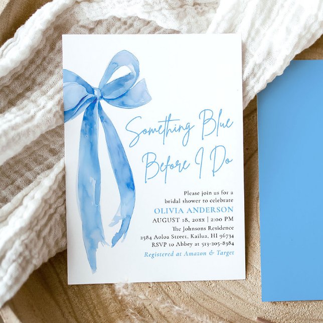 Blue Bow etwas Blau, bevor ich Brautparty mache Einladung (Modern Watercolor Blue Bow Something Blue Before I Do Bridal Shower Invitation)