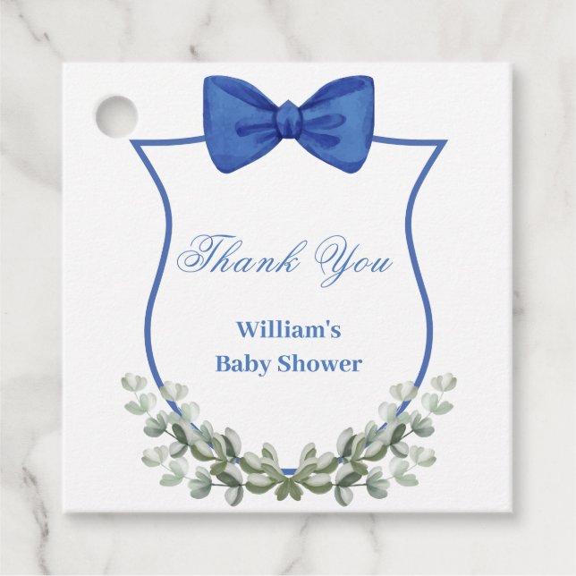 Blue Bow Eucalyptus Wappen Baby Dusche Vielen Dank Geschenkanhänger (Vorderseite)