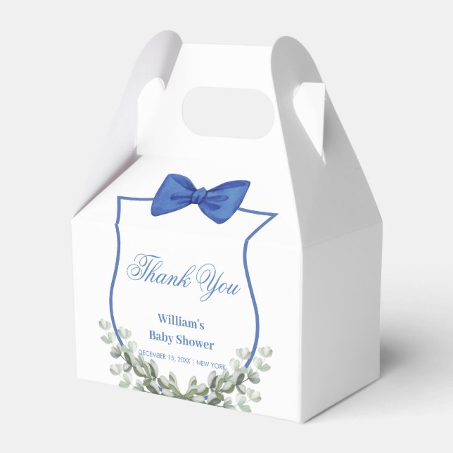 Blue Bow Eucalyptus Wappen Baby Dusche Vielen Dank Geschenkschachtel (Vorderseite)