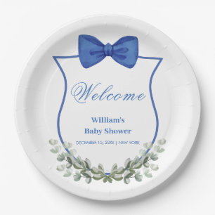 Blue Bow Eucalyptus Wappen Baby Dusche Willkommen Pappteller