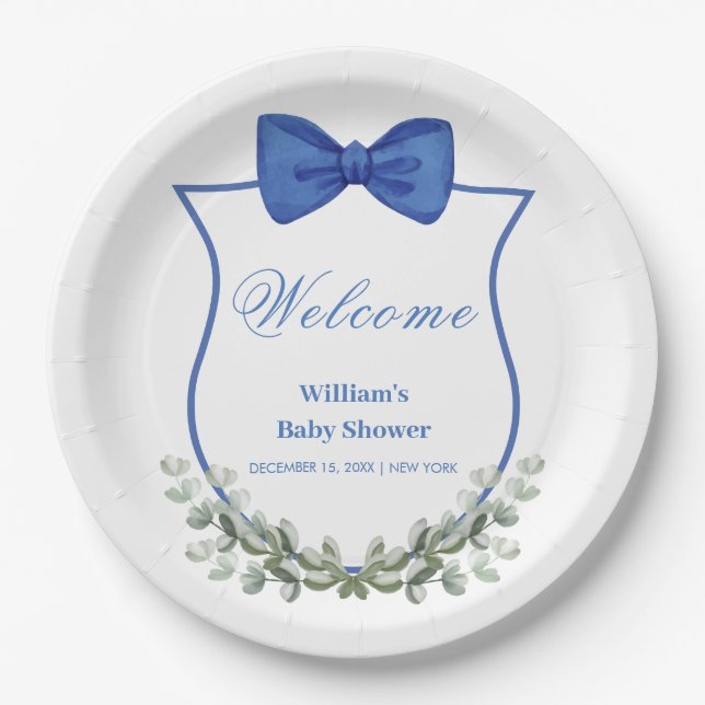 Blue Bow Eucalyptus Wappen Baby Dusche Willkommen Pappteller (Vorderseite)