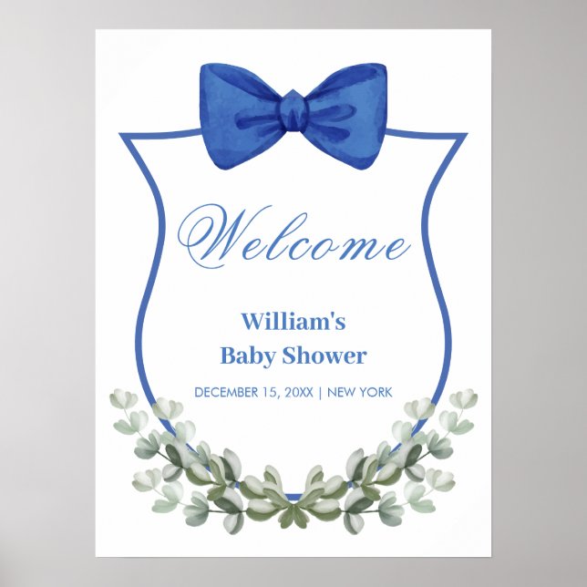 Blue Bow Eucalyptus Wappen Baby Dusche Willkommen Poster (Vorne)