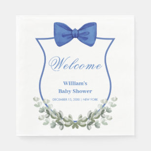 Blue Bow Eucalyptus Wappen Baby Dusche Willkommen Serviette