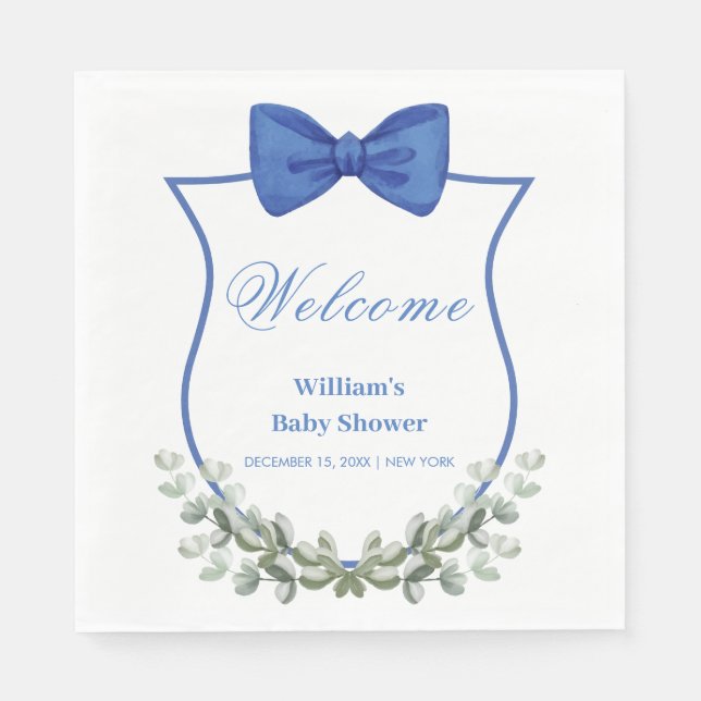 Blue Bow Eucalyptus Wappen Baby Dusche Willkommen Serviette (Vorderseite)