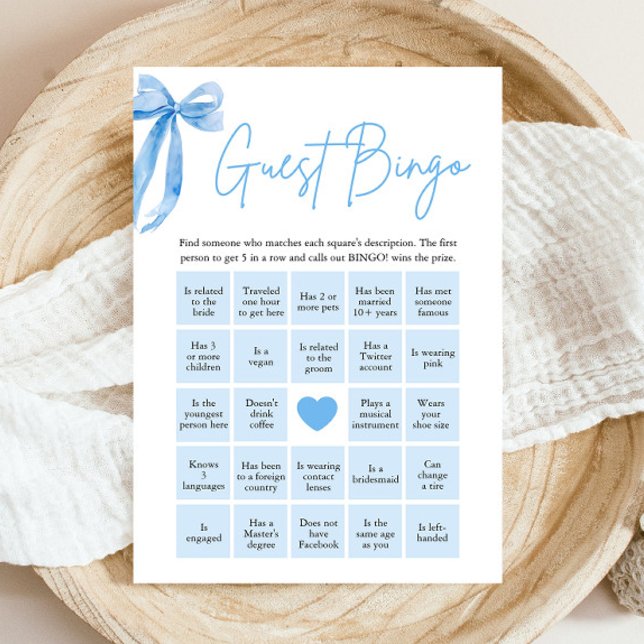 Blue Bow Finden Sie das Bingo Brautparty Game Einladung (Modern Watercolor Dusty Blue Bow Find the Guest Bingo Bridal Shower Game)