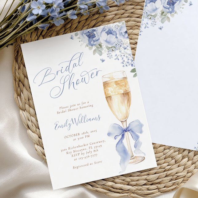 Blue Bow Floral Champagne Bridal Shower Invitation Einladung (Von Creator hochgeladen)