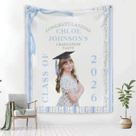 Blue Bow Floral Graduation Wandteppich