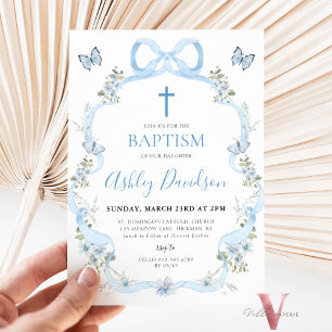 Blue Bow Floral Wildblume Taufe Christening Einladung