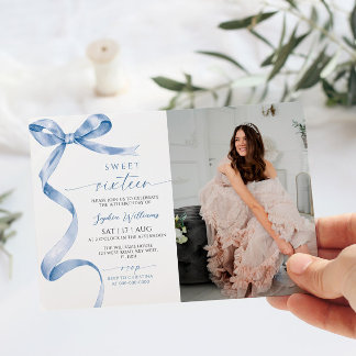 Blue Bow Foto Sweet 16 Birthday Einladung